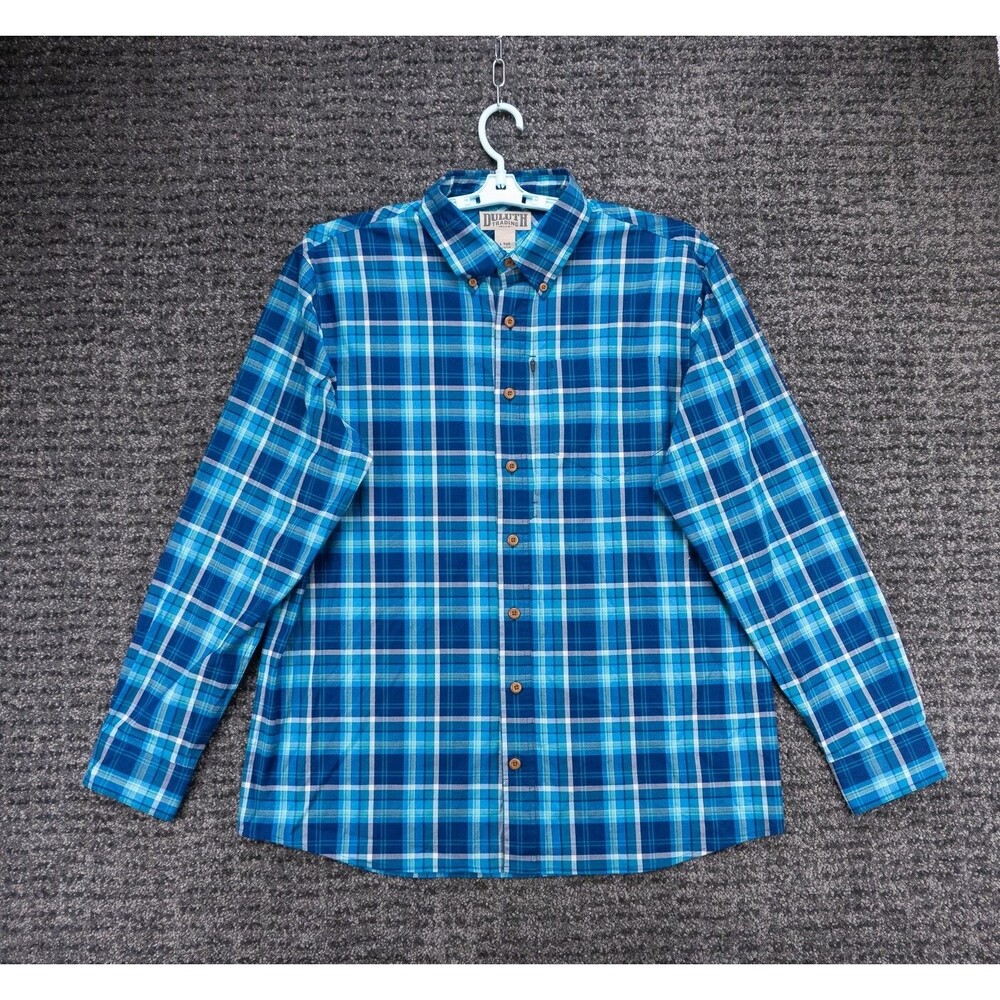 Duluth Trading Shirt Mens LT Blue Plaid Long Sleeve Stretch Outdoor Workwear